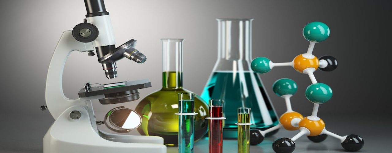 Microscope with flasks, vials and model of molecule. Chemistry or medical pharmaceutical labratory tools. 3d illustration