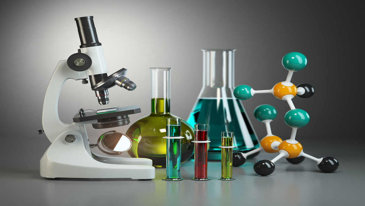 Microscope with flasks, vials and model of molecule. Chemistry or medical pharmaceutical labratory tools. 3d illustration
